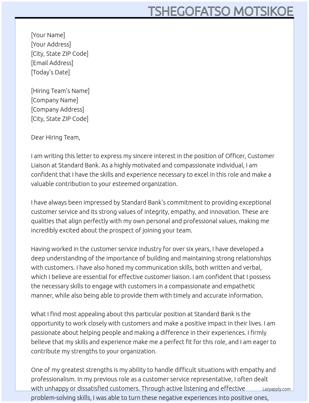 Cover letter for officer,customer liaison - LazyApply
