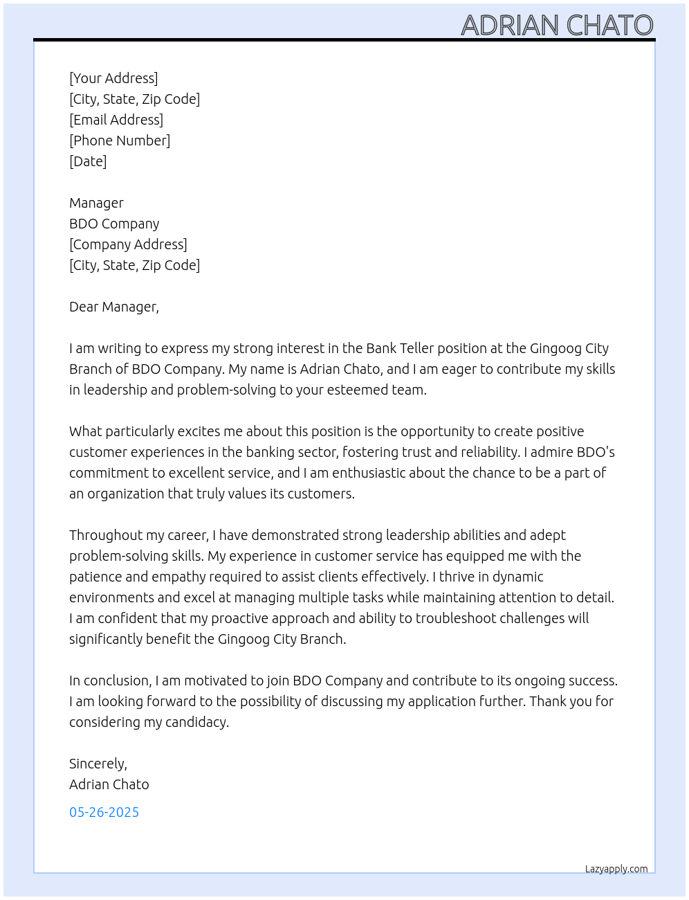 Bank Teller At BDO Company Cover Letter