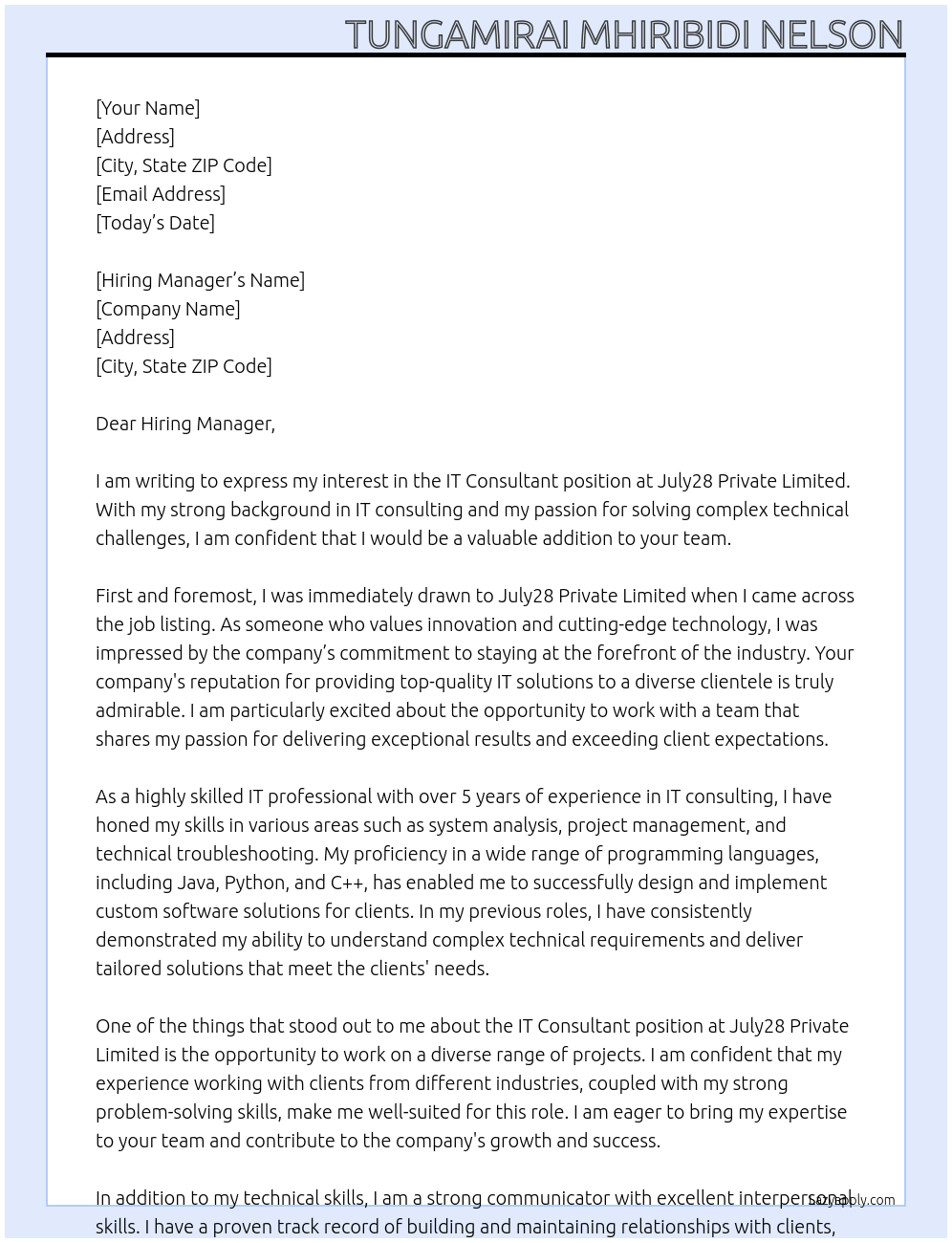 Cover letter for it consultant - LazyApply