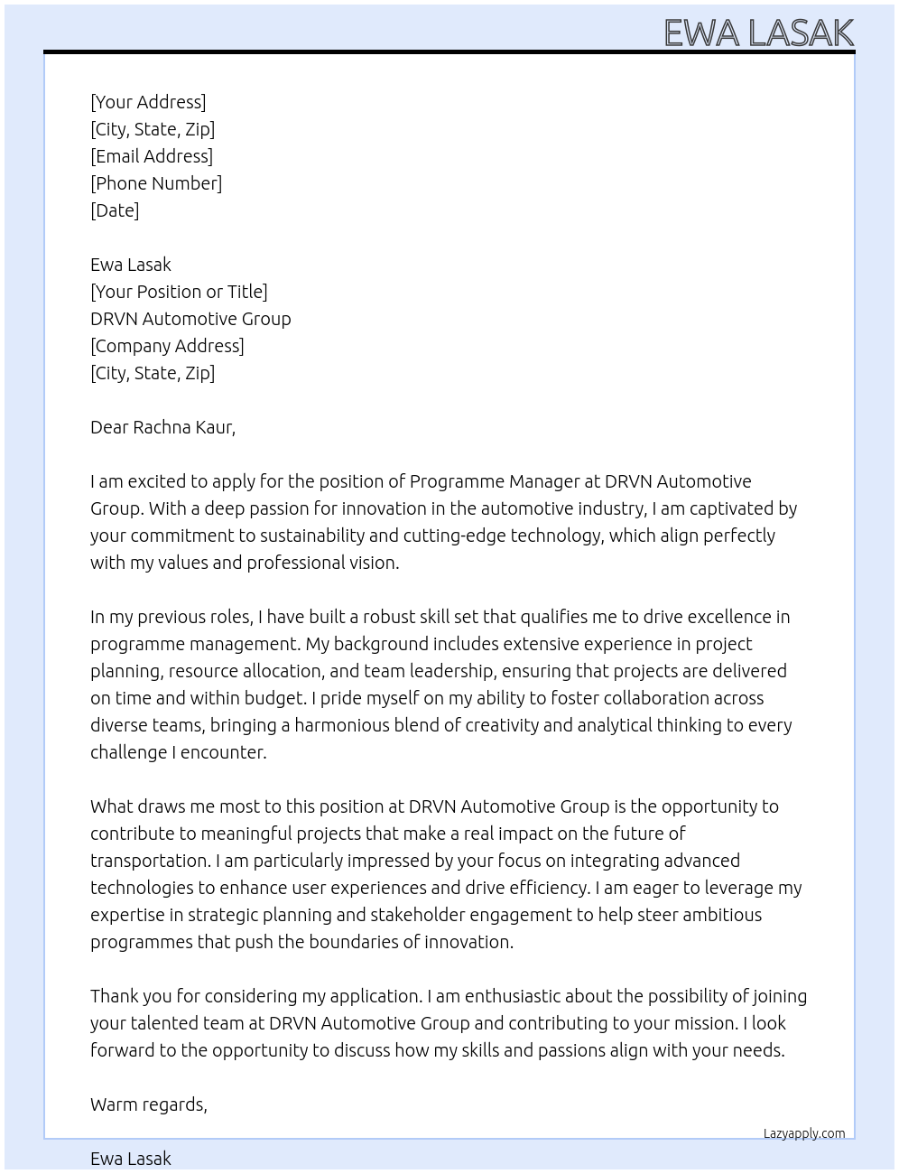 Programme Manager At DRVN Automotive Group Cover Letter