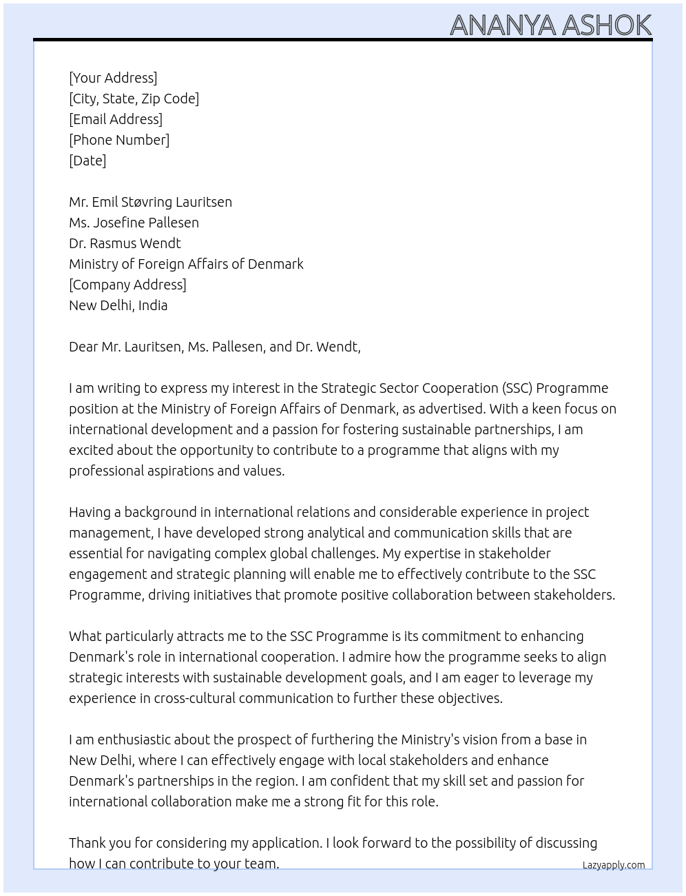 Strategic Sector Cooperation (SSC) Programme At ministry of foreign affairs of denmark Cover Letter