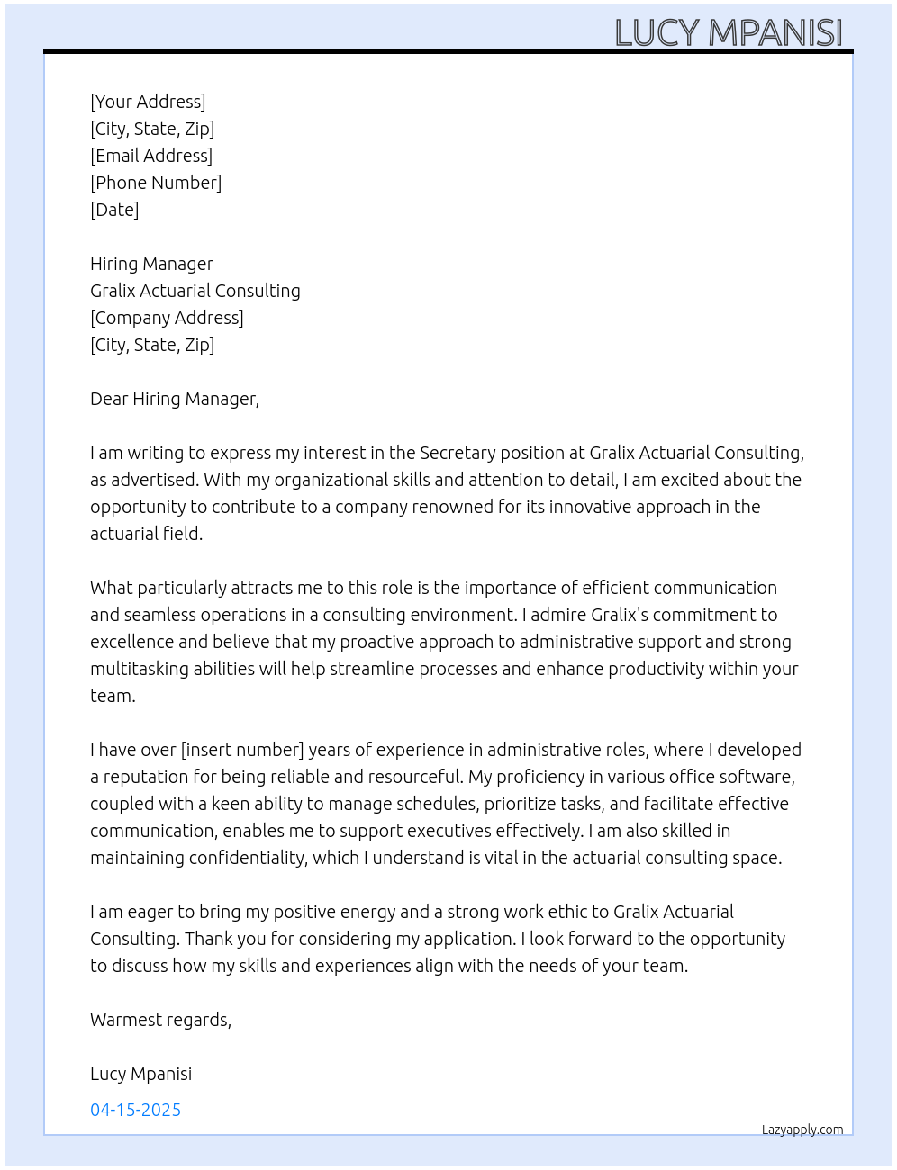 Secretary At Gralix actuarial consulting Cover Letter