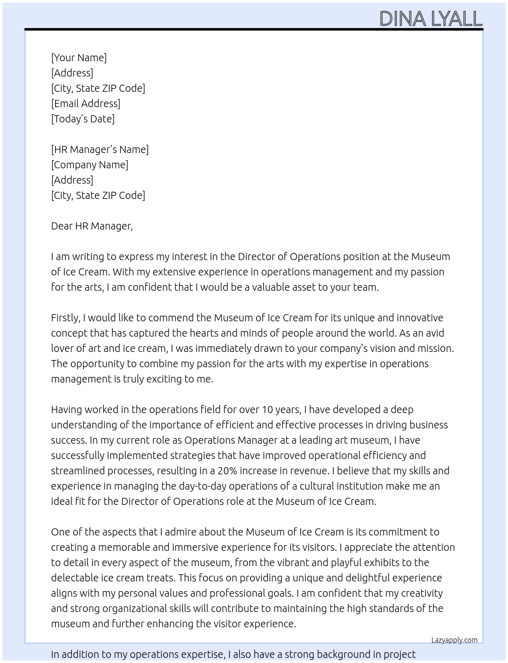 Director of operations At Museum of Ice Cream Cover Letter