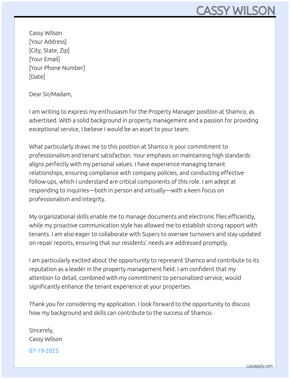 Property Manager At Shamco Cover Letter