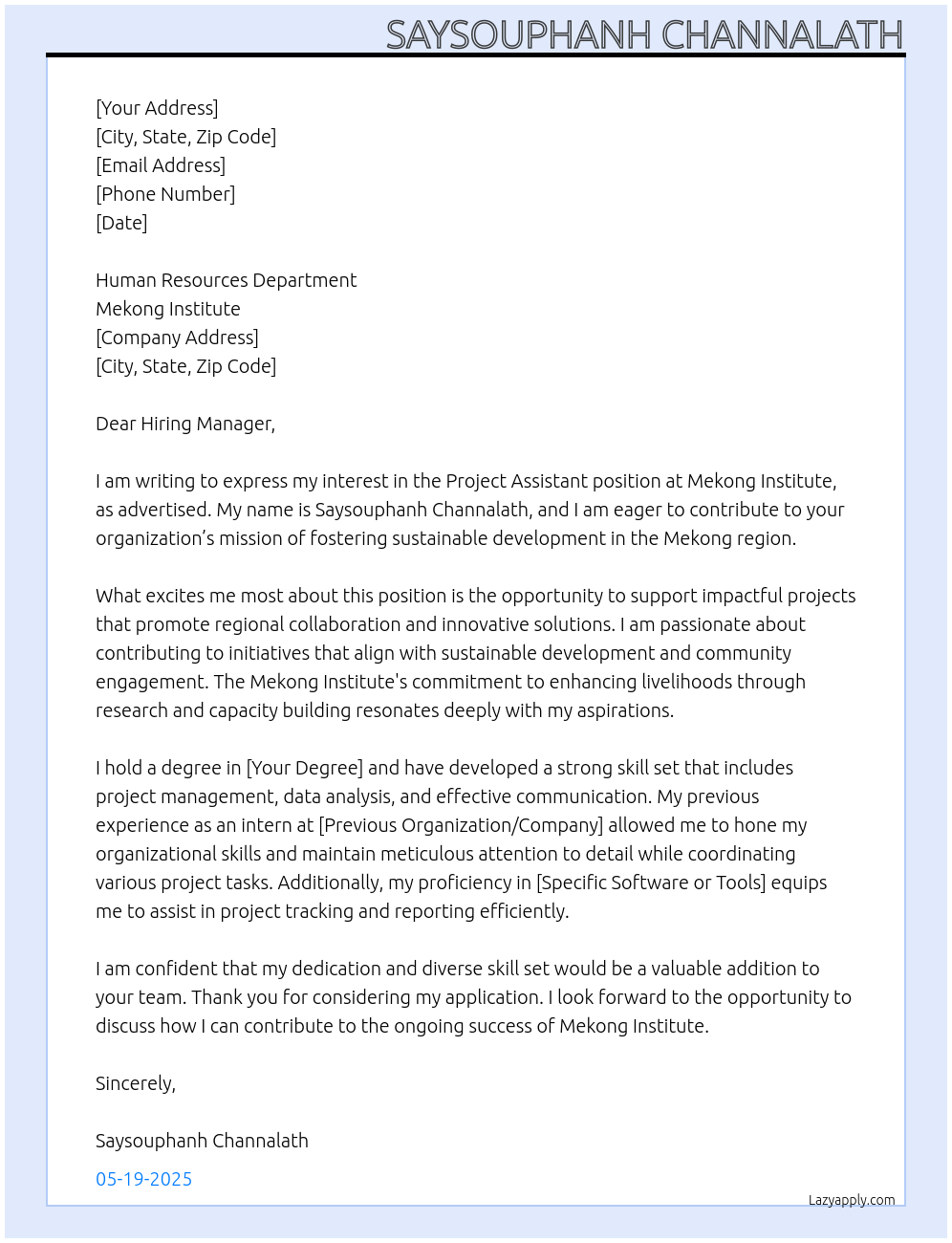 project assistant At Mekong Institute Cover Letter