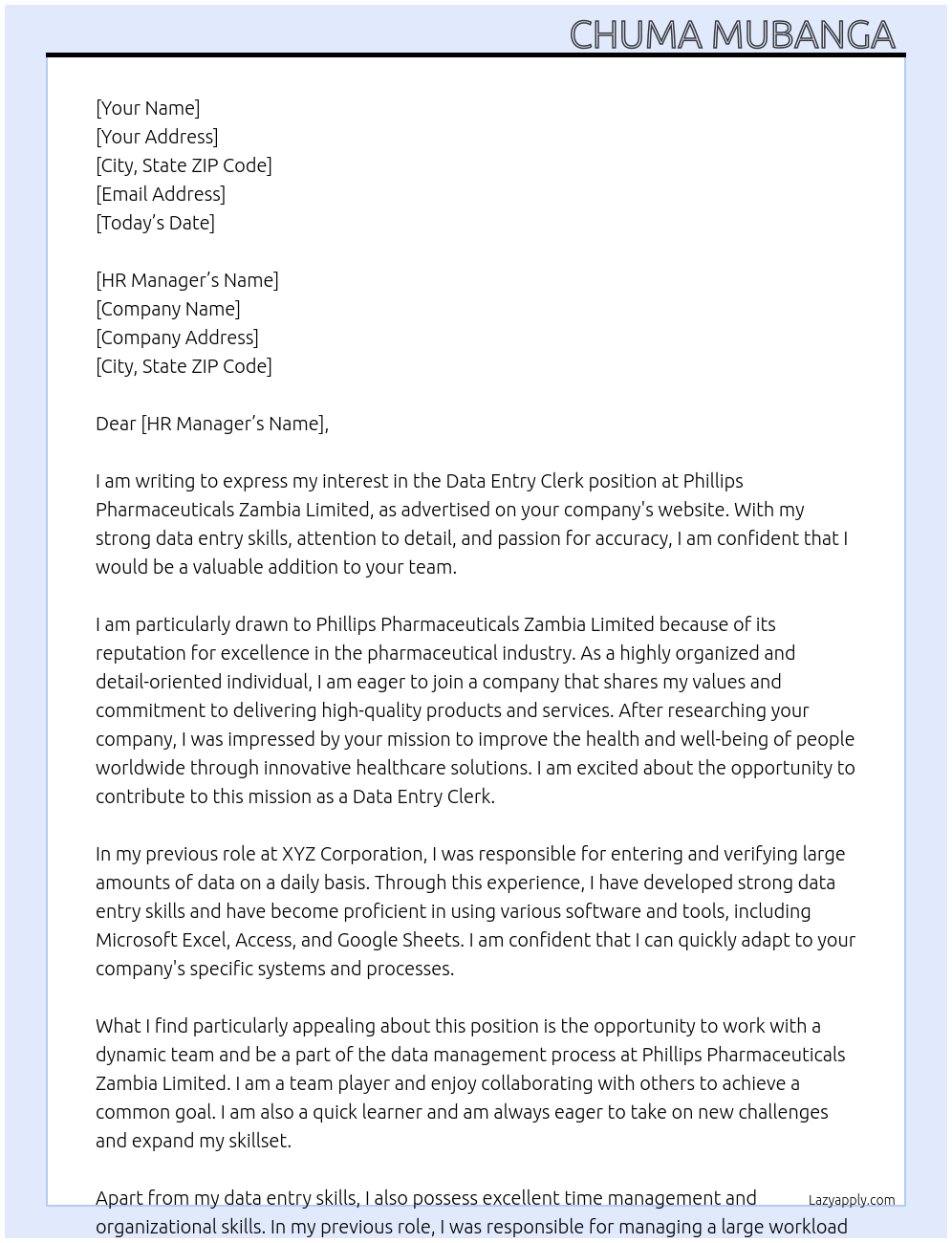 Data entry clerk At Phillips Pharmaceuticals Zambia Limited Cover Letter