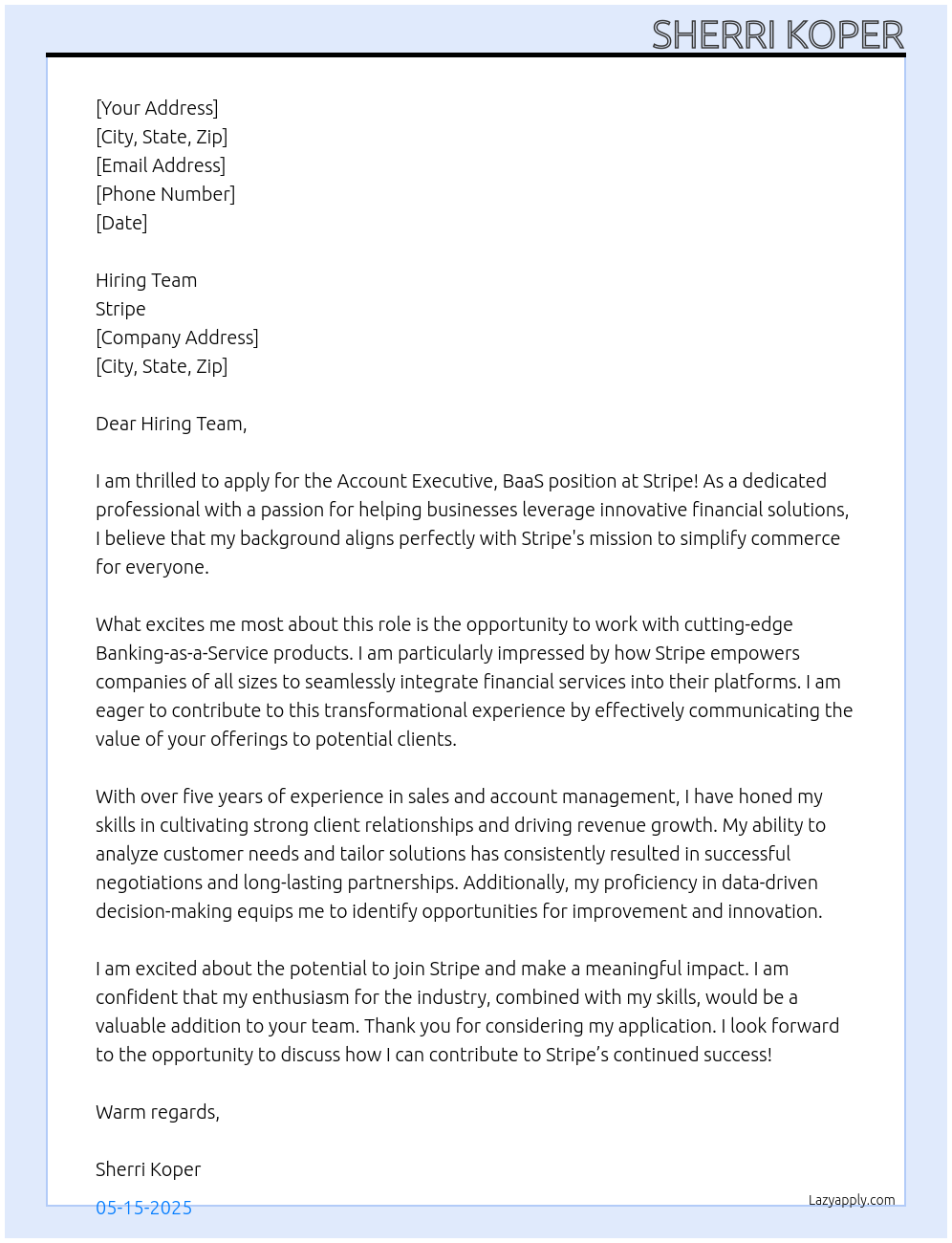 Account Executive, BaaS At Stripe Cover Letter