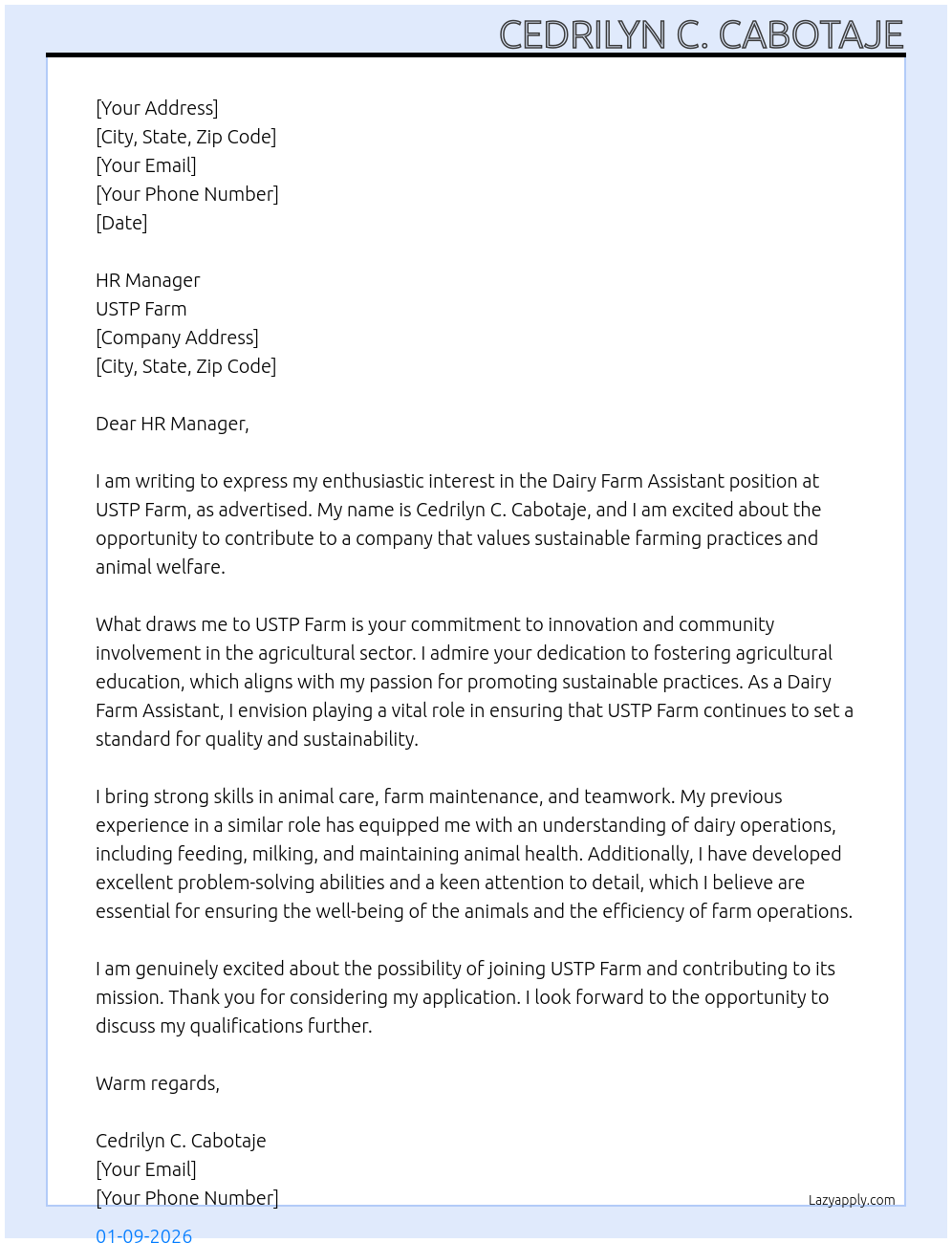Dairy Farm Assistant  At USTP Farm Cover Letter