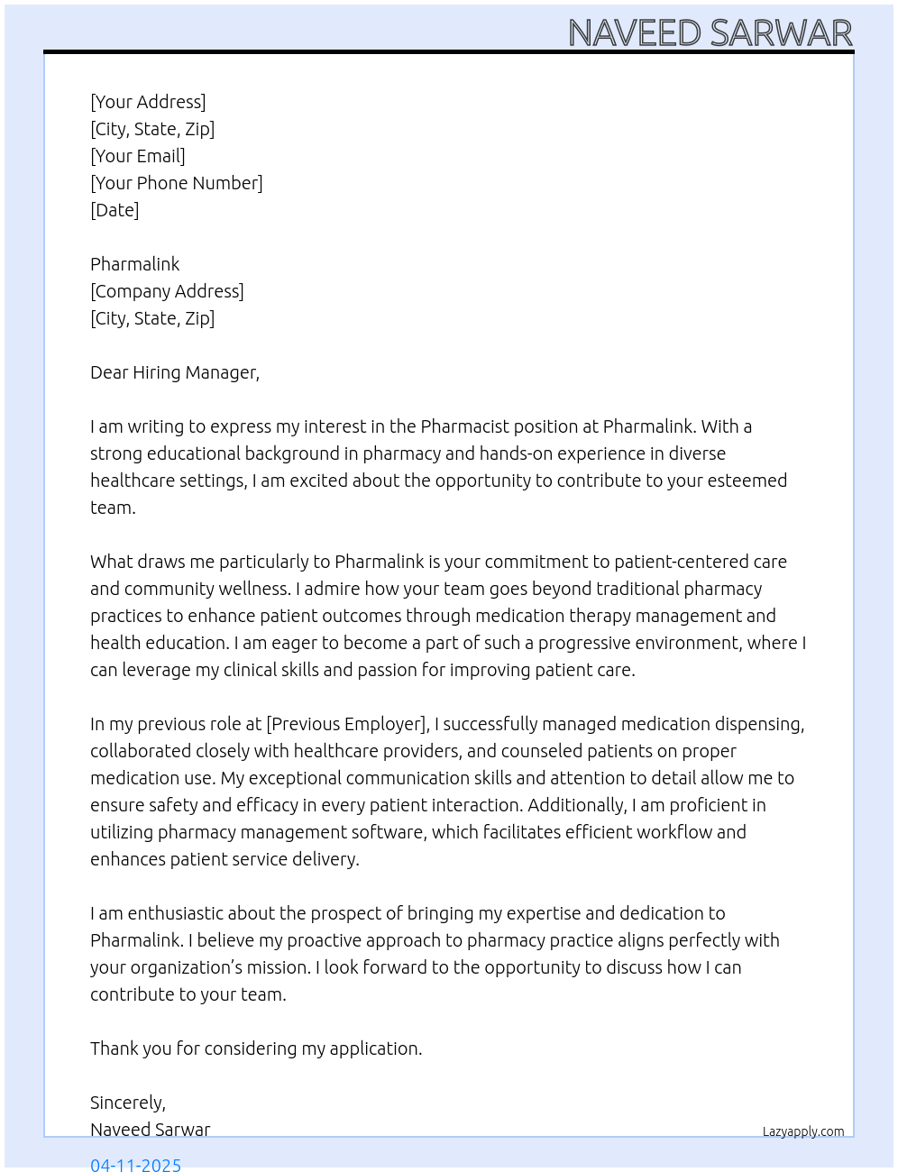 Pharmacist At Pharmacy Cover Letter