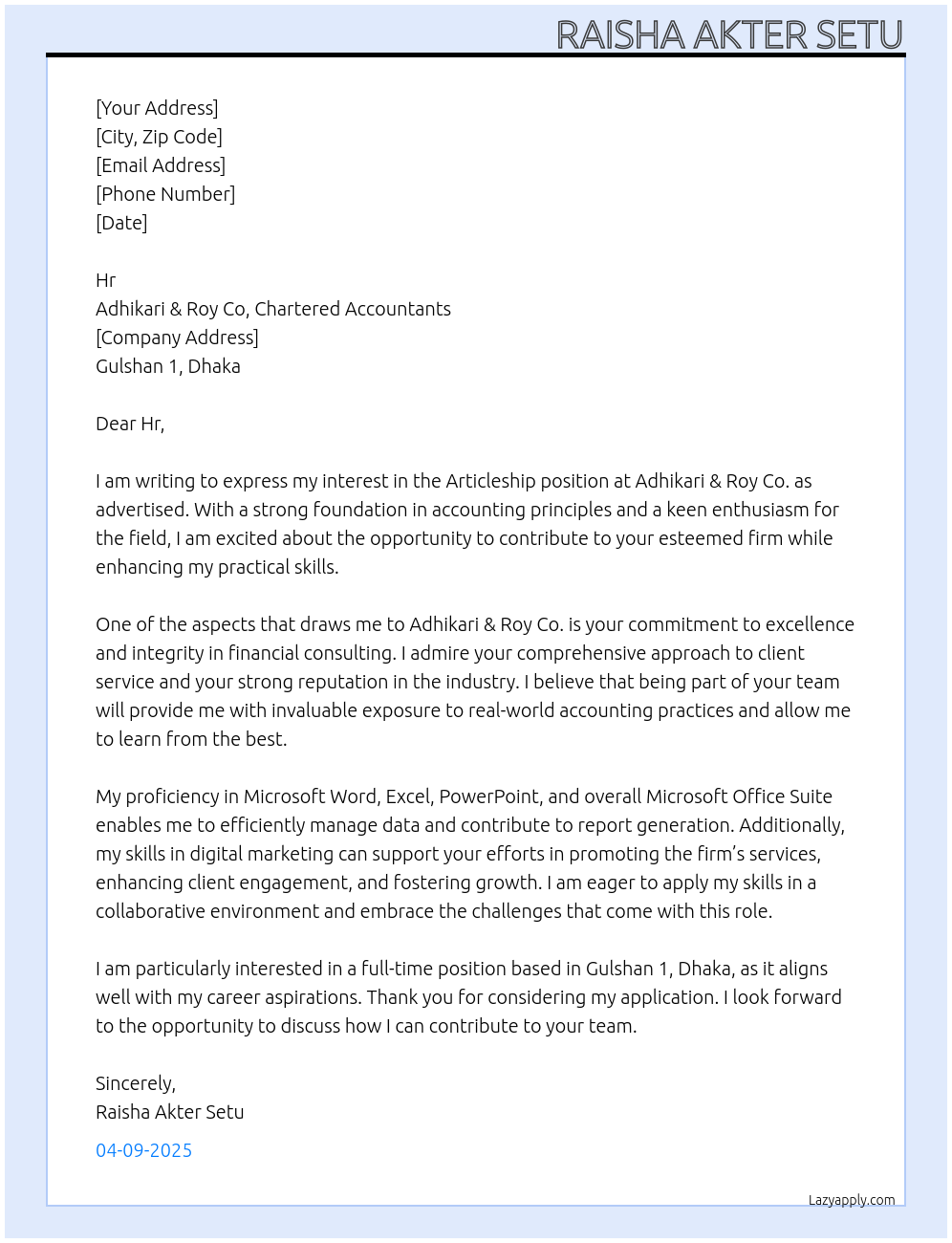 Articleship At Adhikari & Roy Co,Charted Accountants Cover Letter