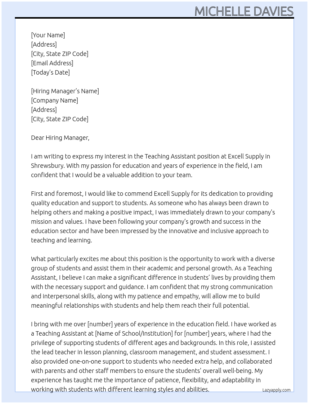 Teaching Assistant At Excell Supply Cover Letter