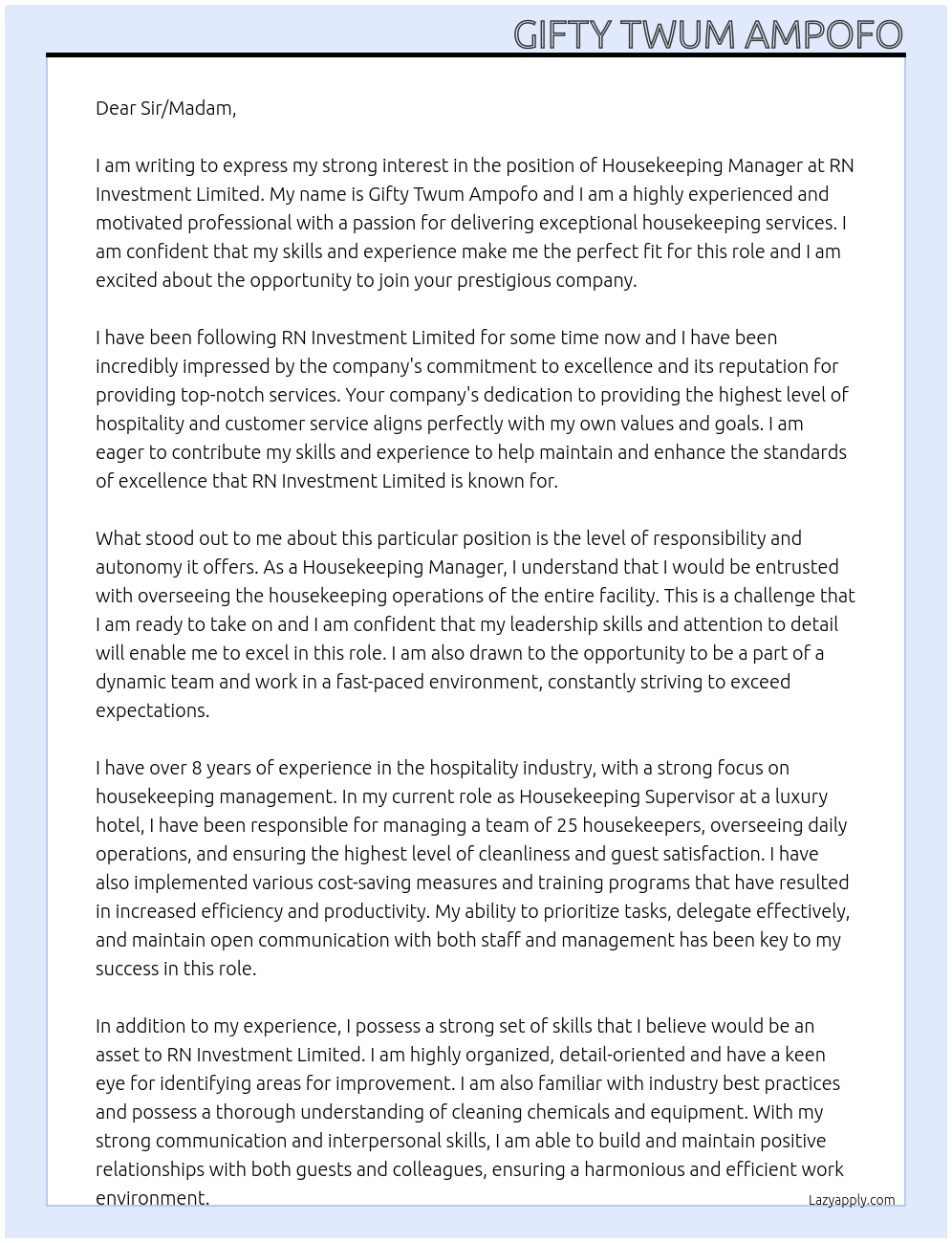 House keeping manager At RN Investment limited Cover Letter