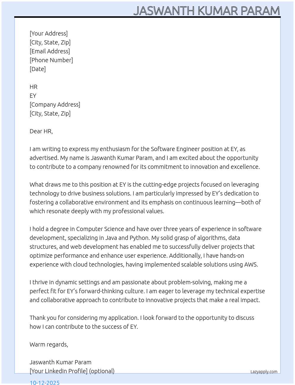 software Engineer At EY Cover Letter