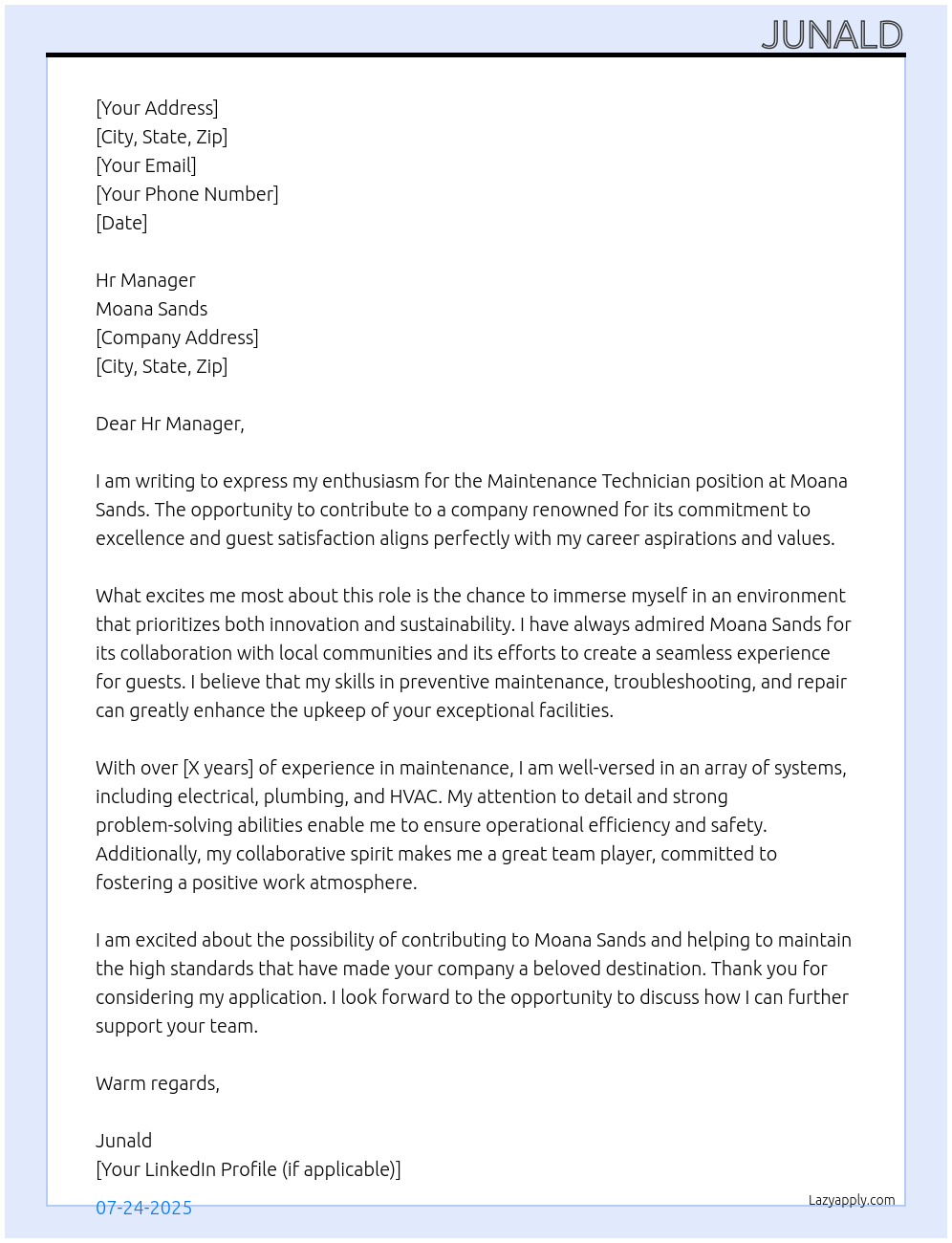 Maintenance Technician At Moana Sands Cover Letter