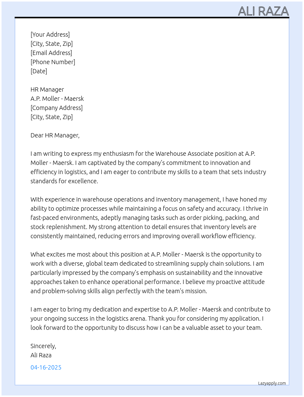 Warehouse Associate  At A.P. Moller - Maersk Cover Letter