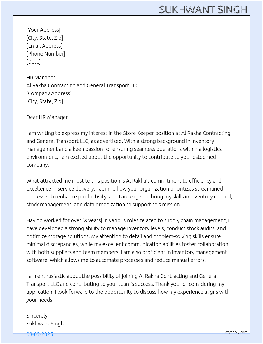 Store Keeper At Al Rakha Contracting and General Transport LLC Cover Letter