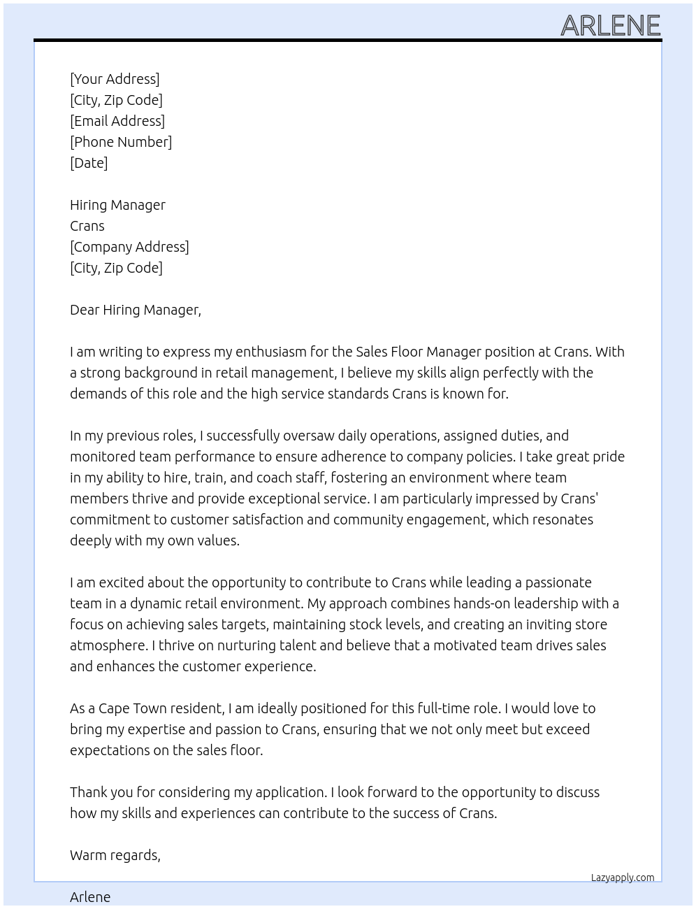 sales floor manager At crans Cover Letter