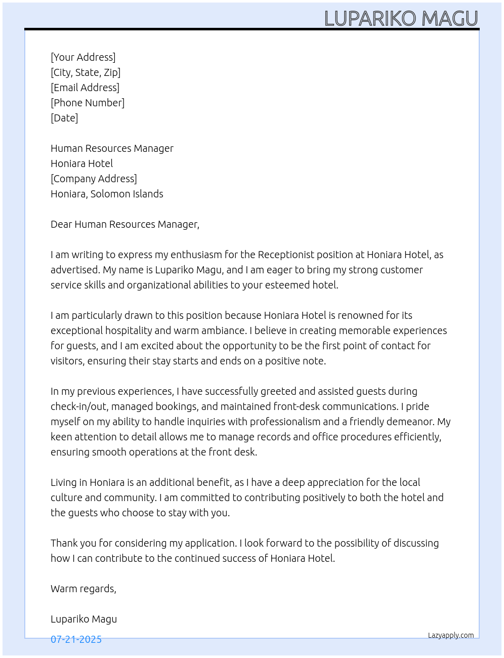 Receptionist At Honiara Hotel Cover Letter