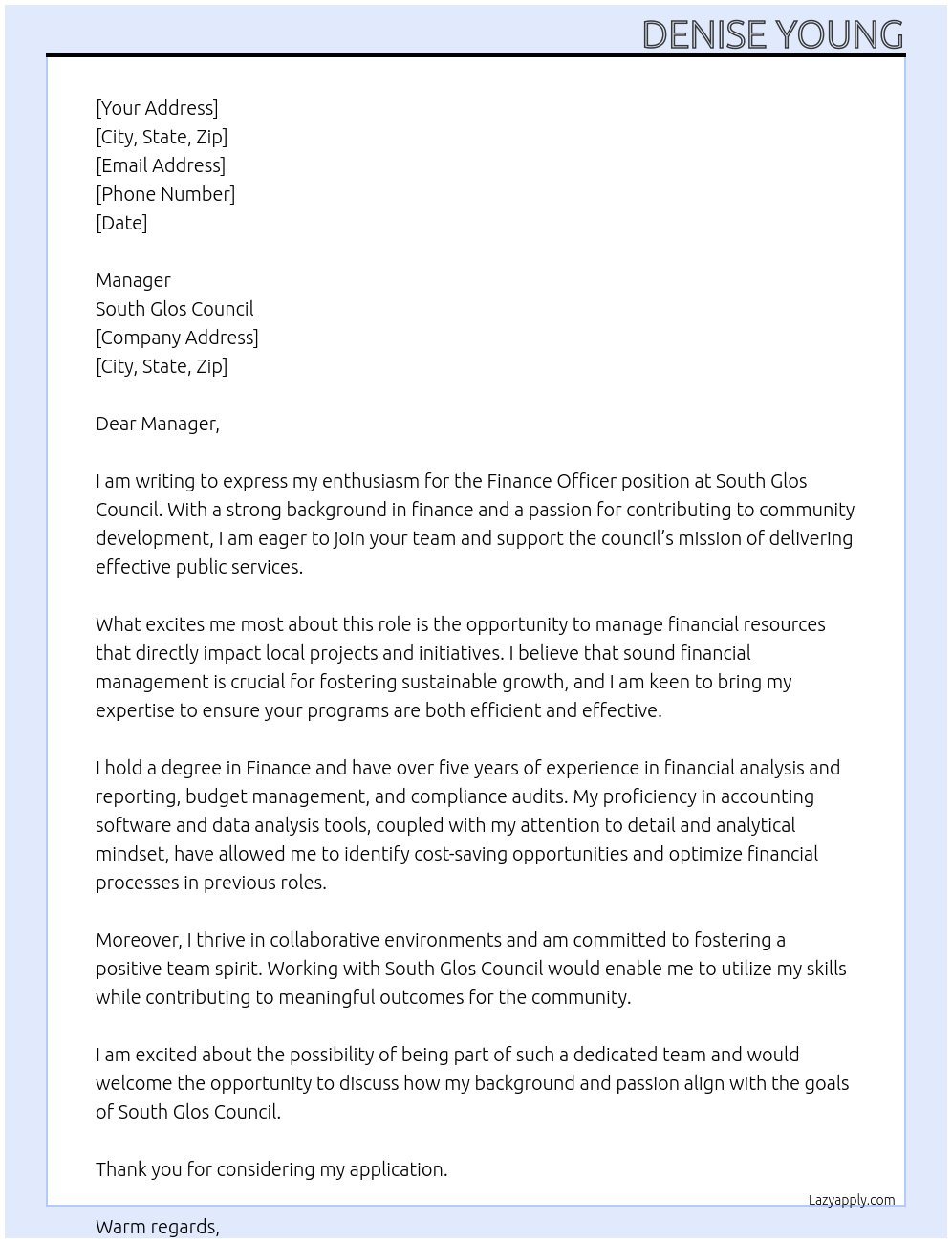 Finance Officer At South glos council Cover Letter