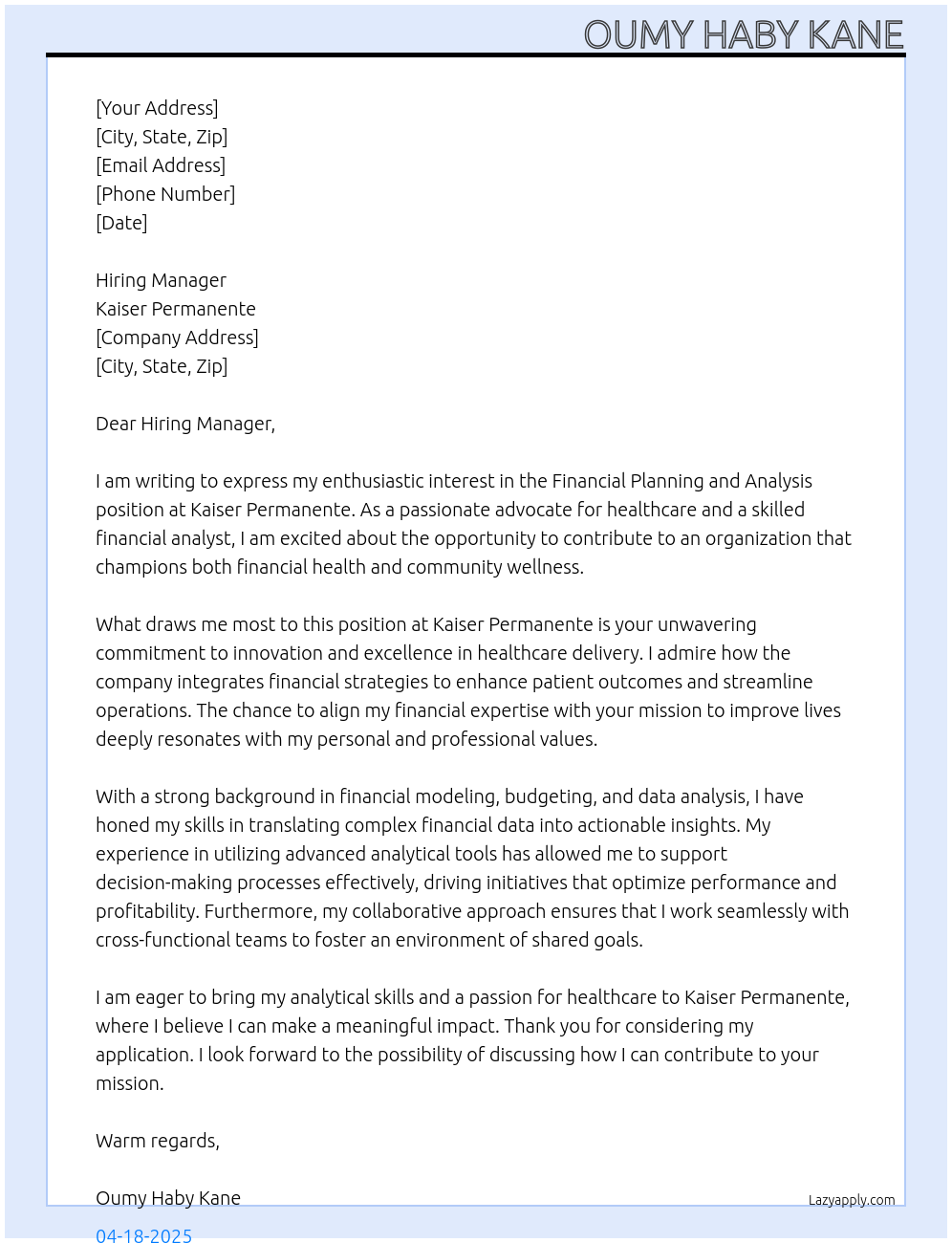 financial planning and analysist At Kaiser Permanente Cover Letter