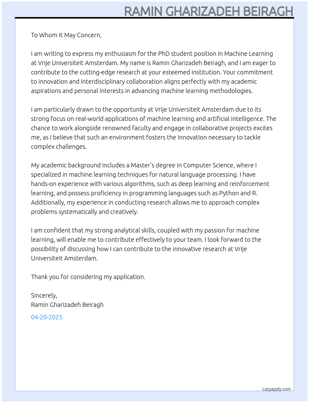 Cover letter for phd student in machine learning - LazyApply