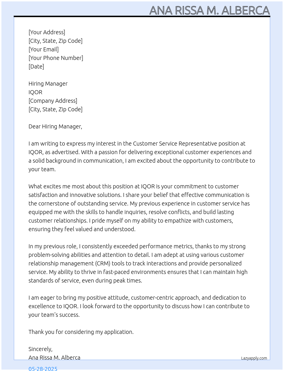 Customer Service Representative At IQOR Cover Letter