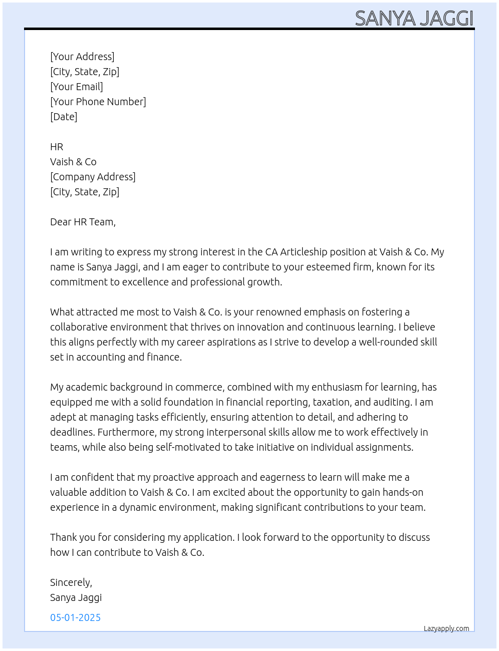 CA Articleship At Vaish & Co Cover Letter