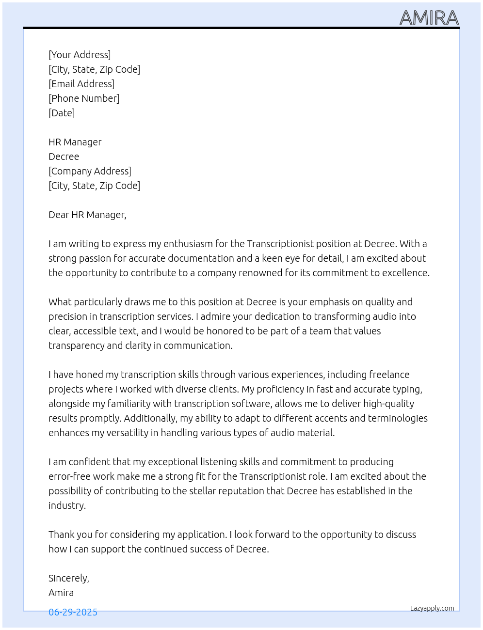 Cover letter for transcriptionist - LazyApply
