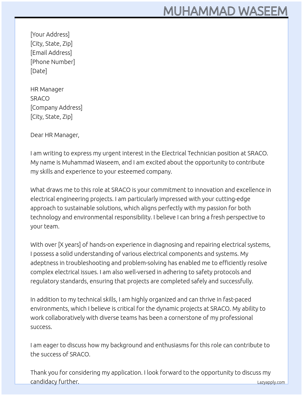 Electrical technician At SRACO Cover Letter