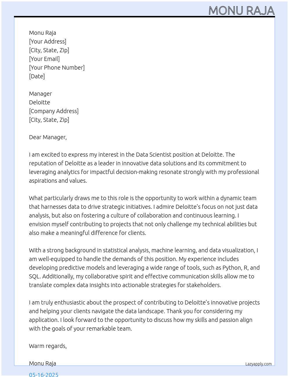 data scientist At Deolitte Cover Letter