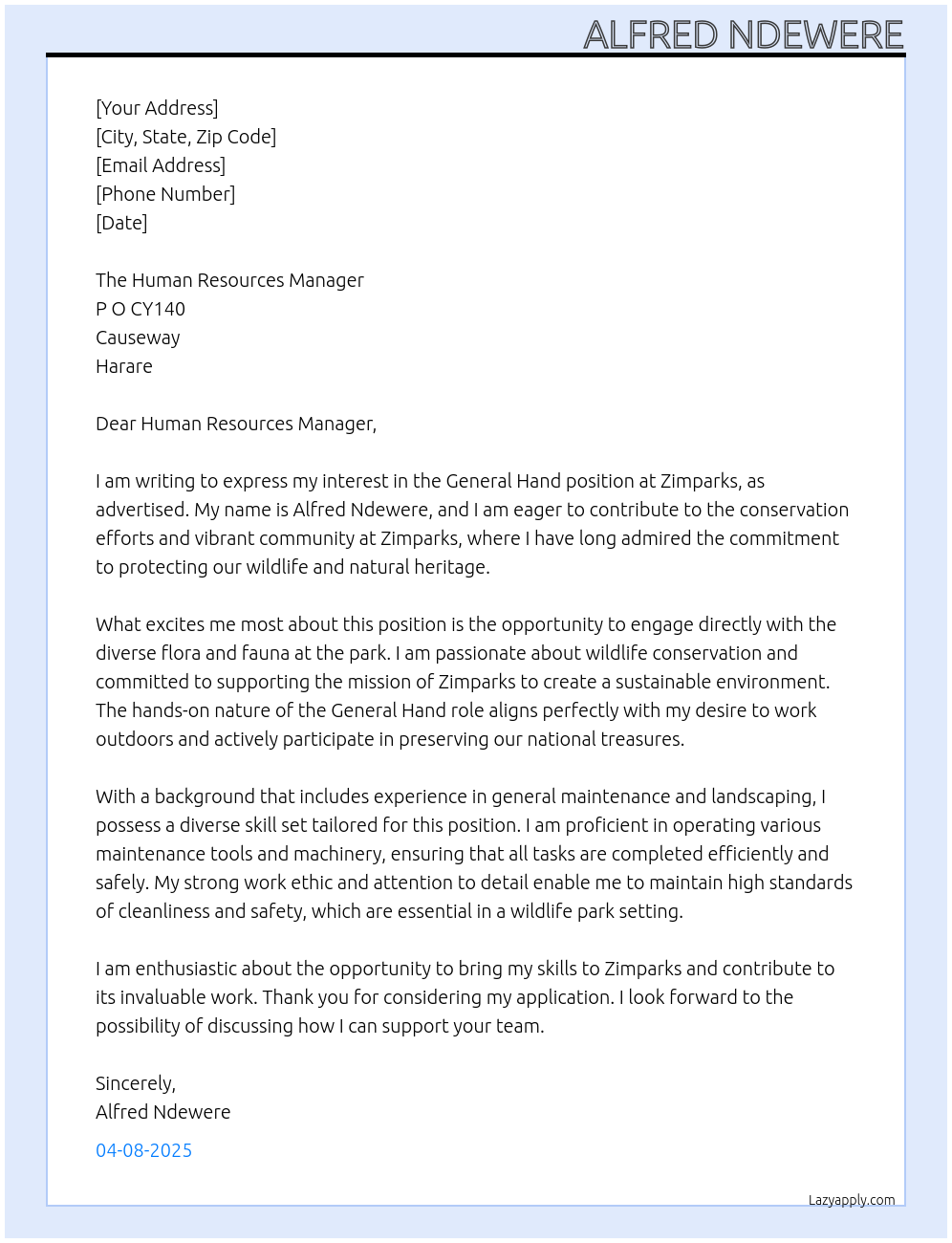 Cover letter for general hand wildlife park - LazyApply