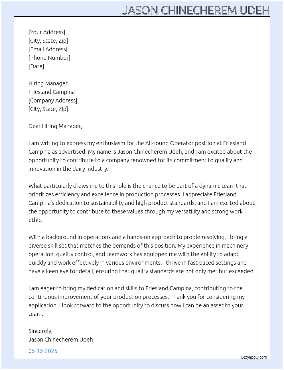 All-round operator  At Friesland Campina Cover Letter