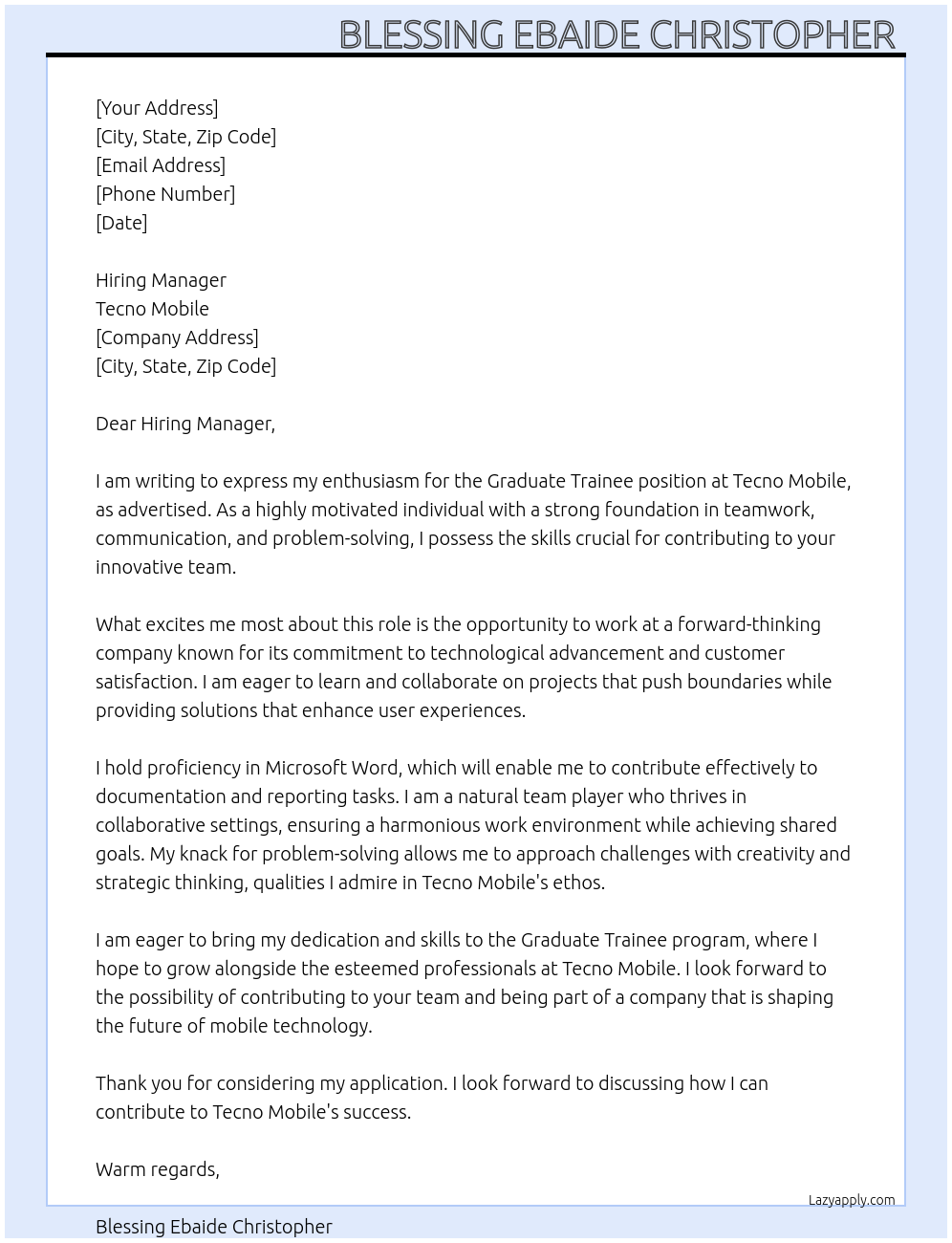 Graduate trainee At Tecno mobile  Cover Letter