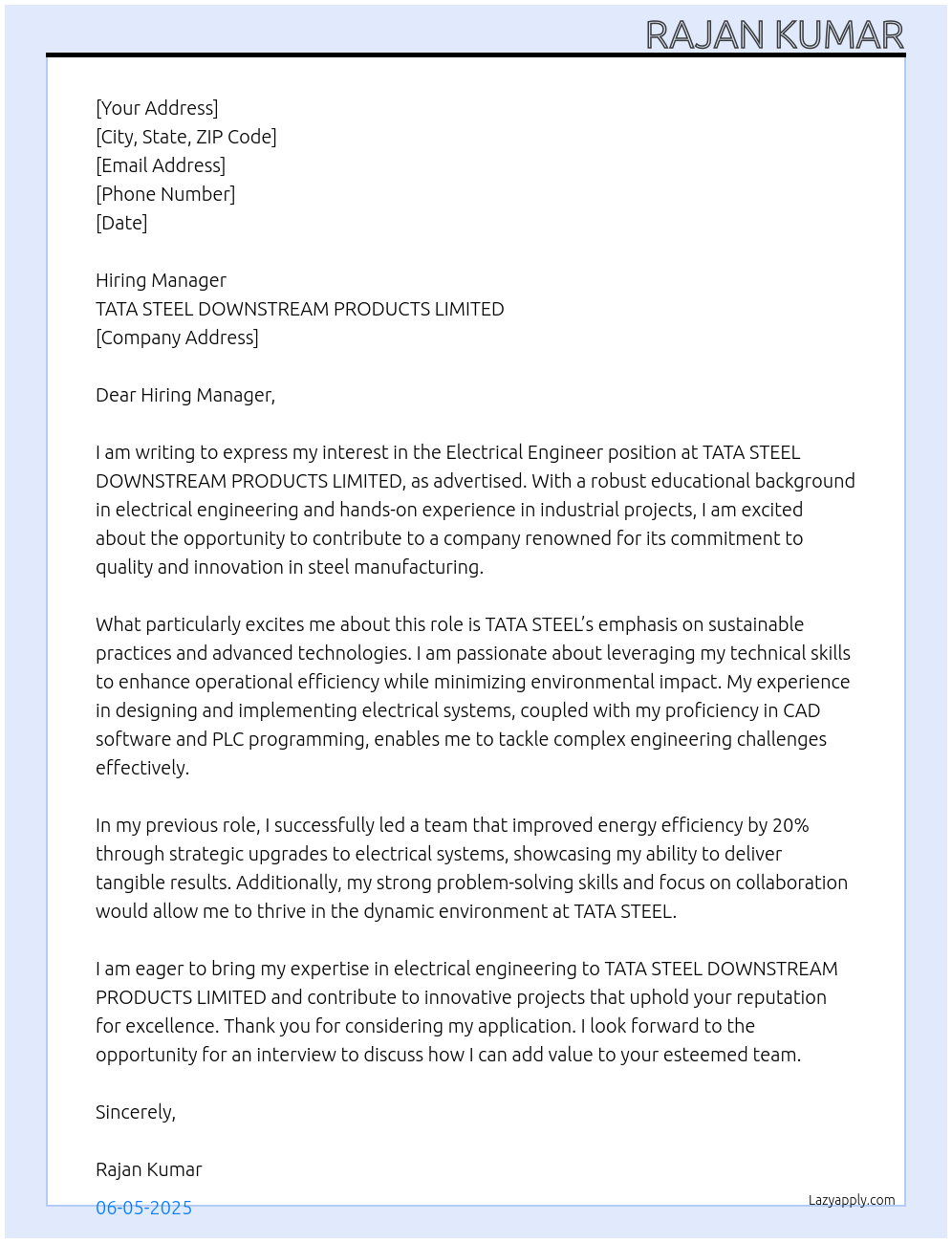 ELECTRICAL ENGINEER At TATA STEEL DOWNSTREAM PRODUCTS LIMITED Cover Letter