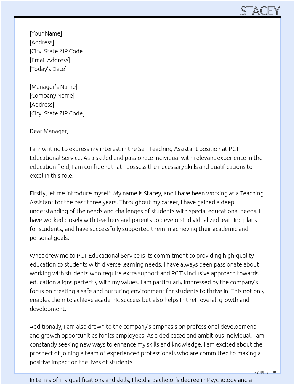 Sen Teaching assistant  At PCT Educational Service  Cover Letter