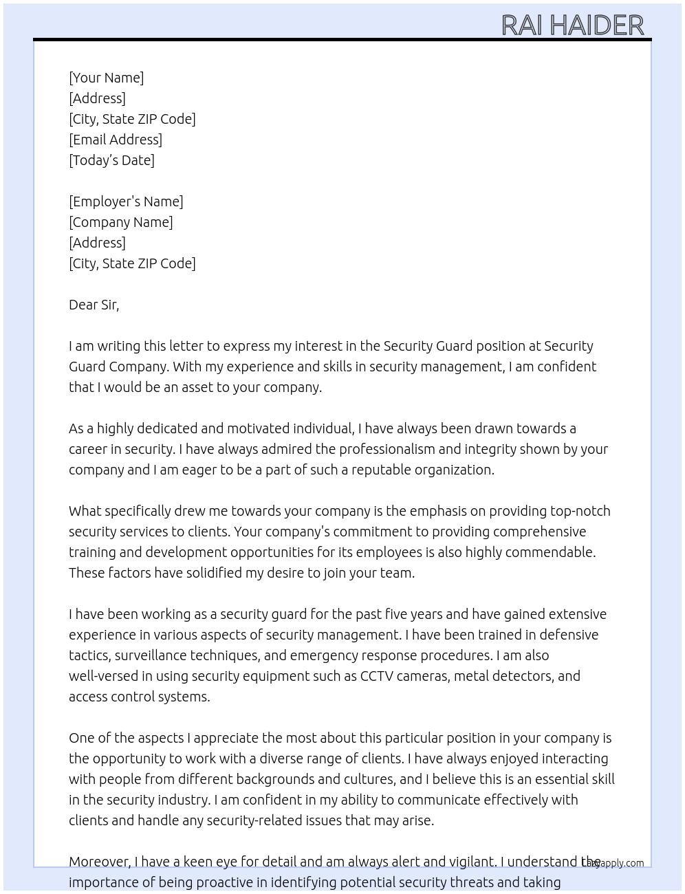Security guard At Security guard compeny Cover Letter