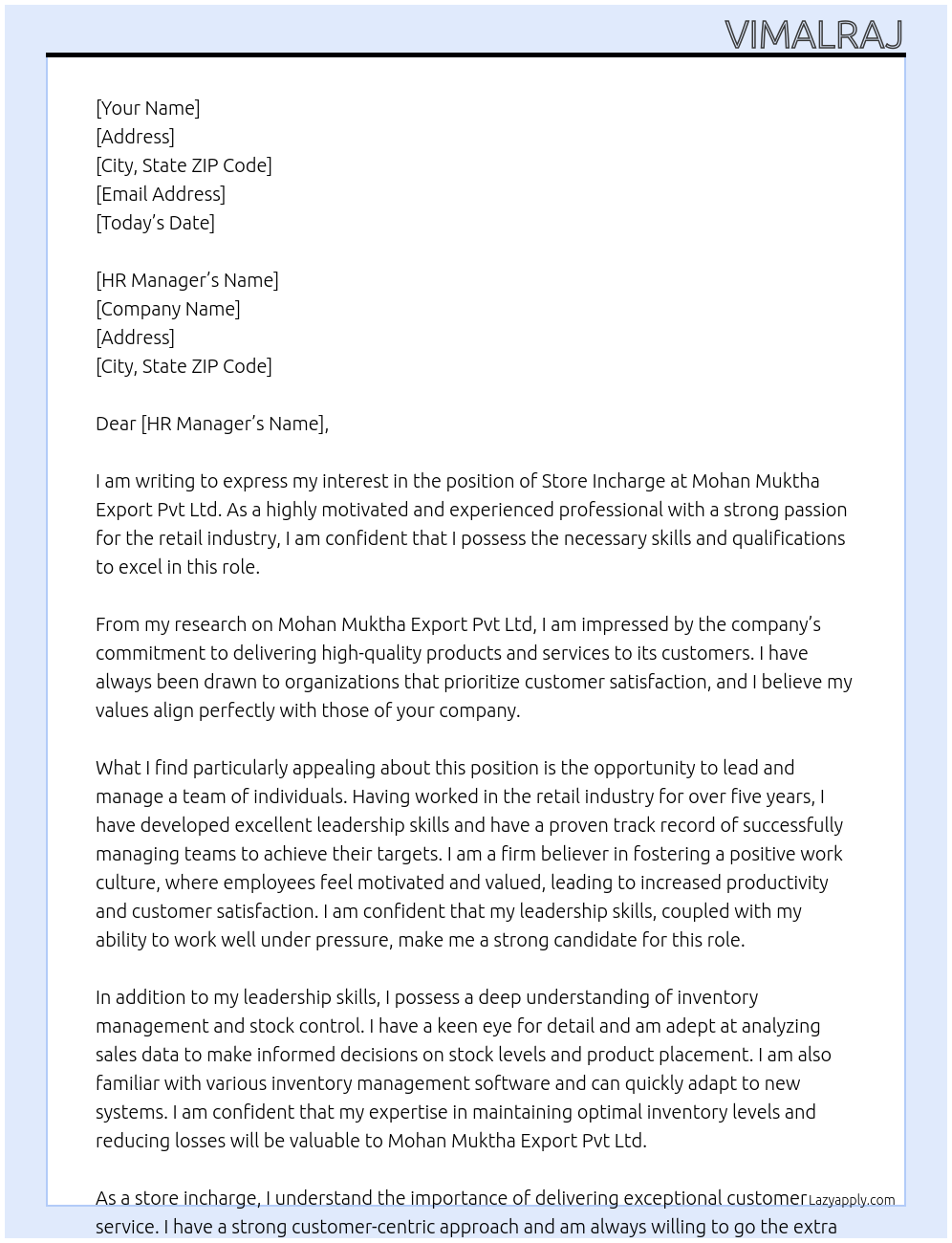 Store incharge  At Mohan Muktha Export pvt ltd Cover Letter