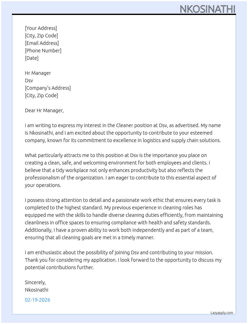 Cleaner At Dsv Cover Letter