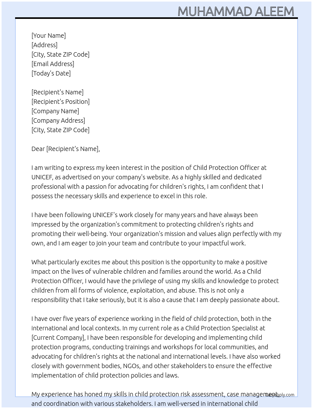 Child protection officer At UNICEF Cover Letter