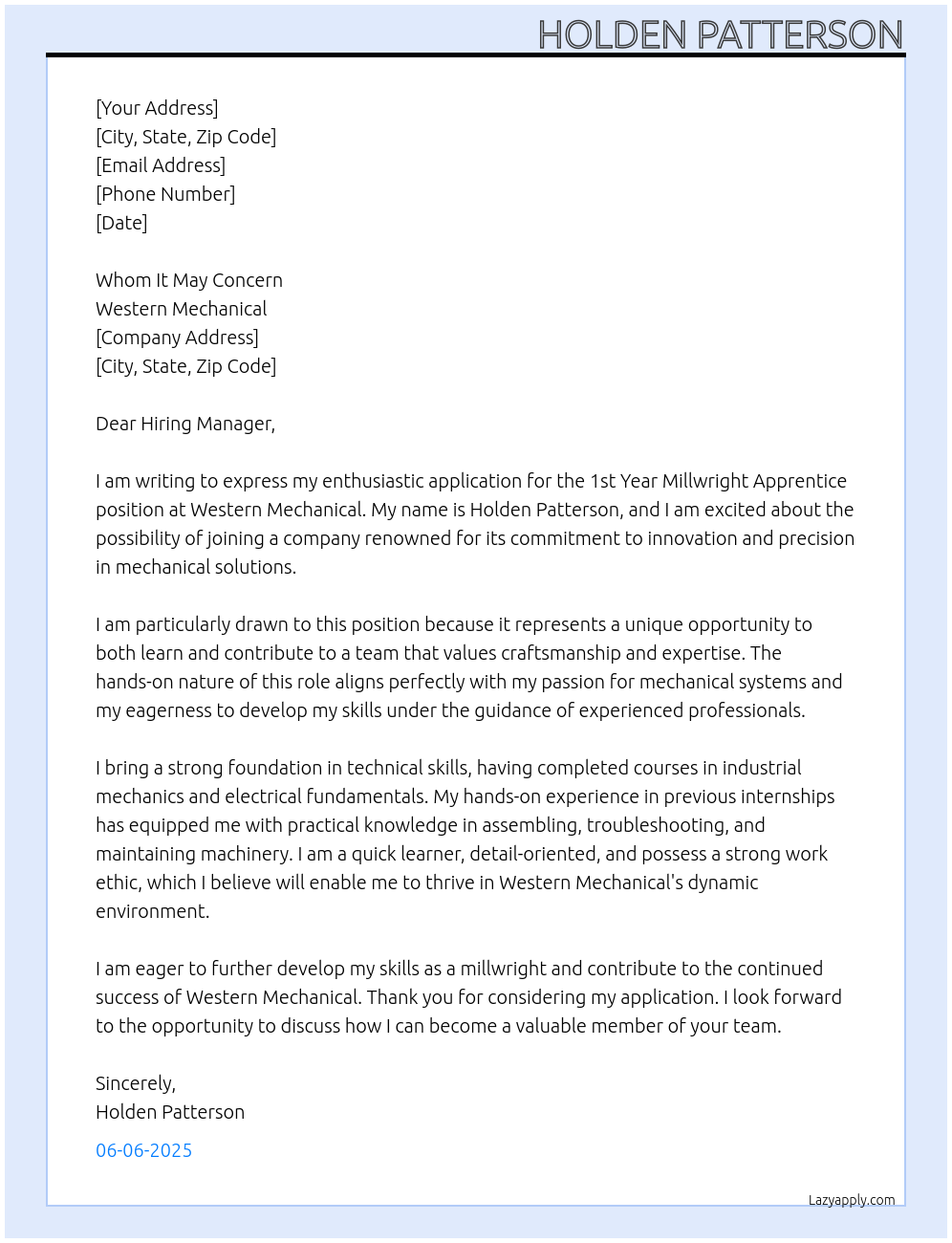 Cover letter for 1st year millwright apprentice - LazyApply