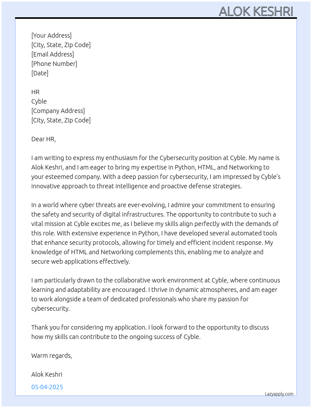 Cybersecurity At Cyble Cover Letter