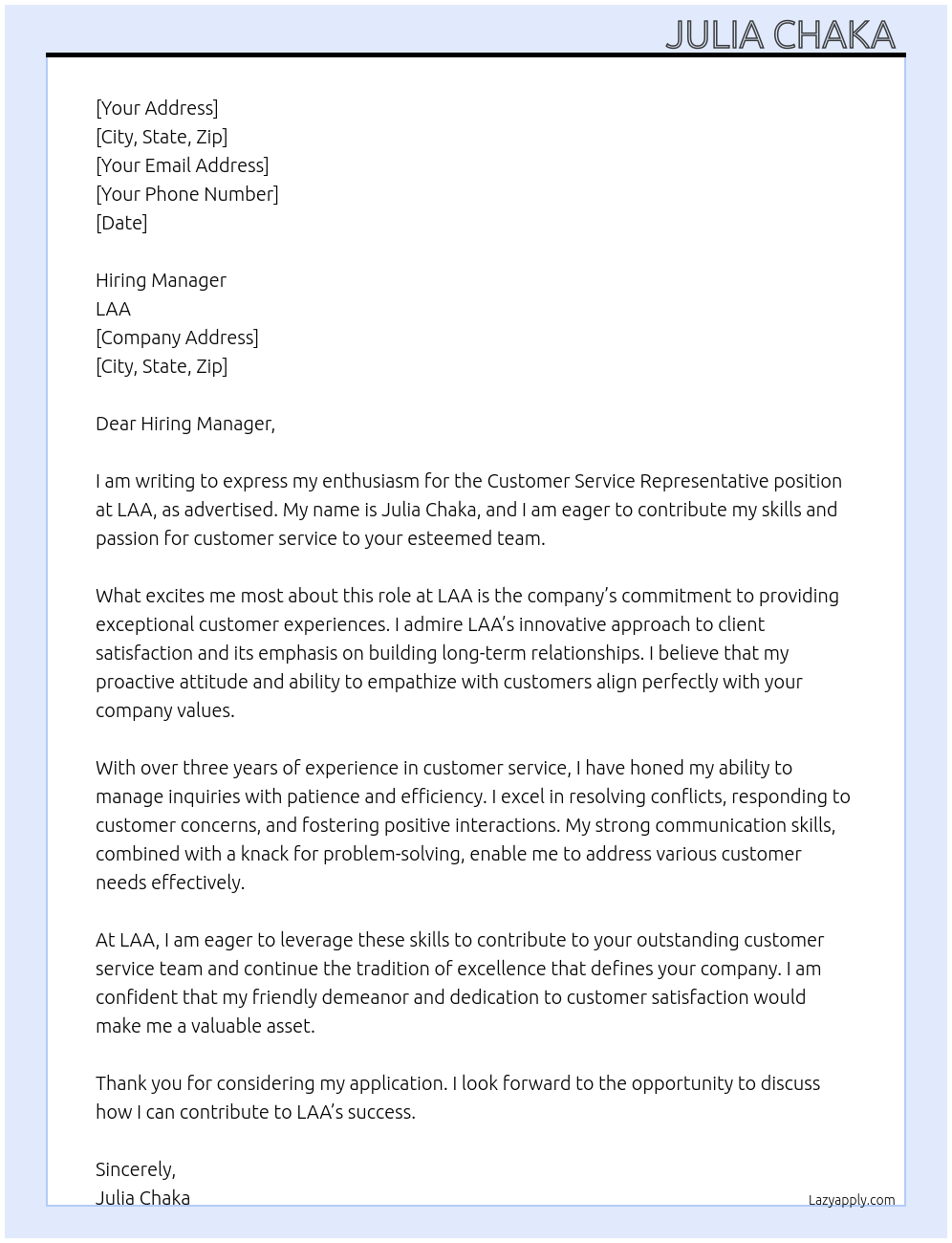 Customer service representative At LAA Cover Letter