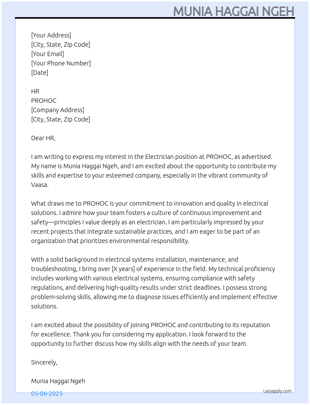 ELECTRICIAN At PROHOC Cover Letter