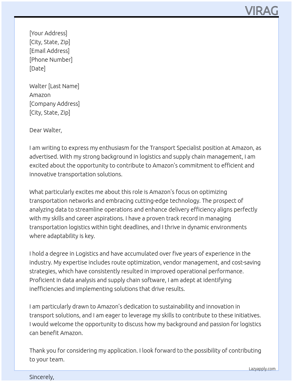 transport specialist At amazon Cover Letter