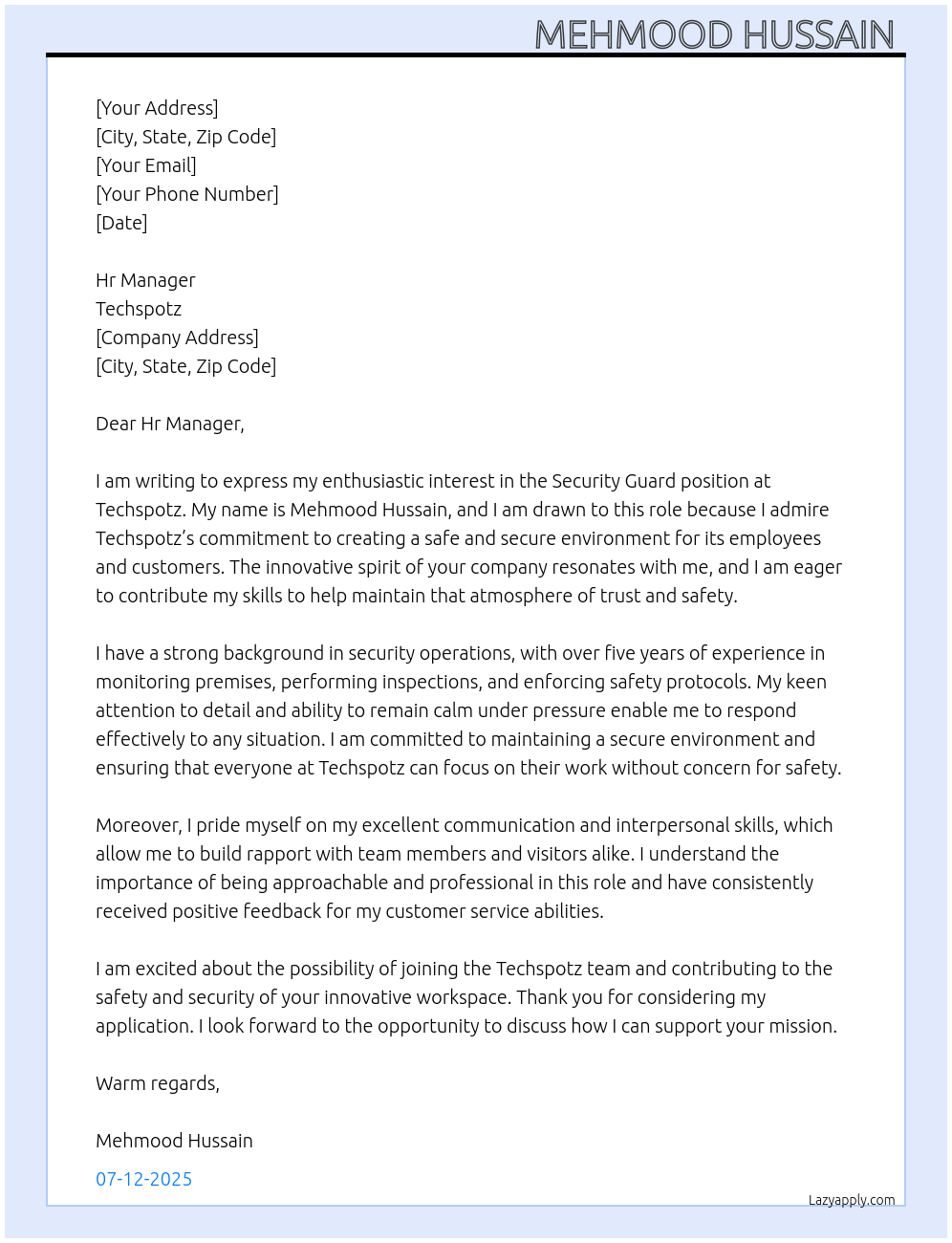 Security Guard At Techspotz Cover Letter