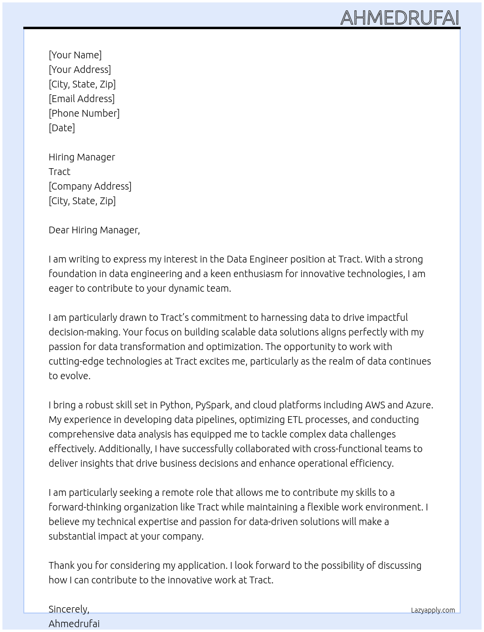 Data Engineer At Tract Cover Letter