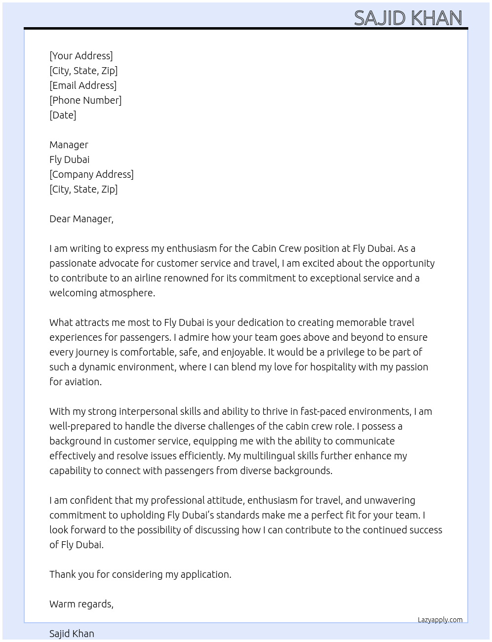 Cabin crew  At Fly dubai Cover Letter