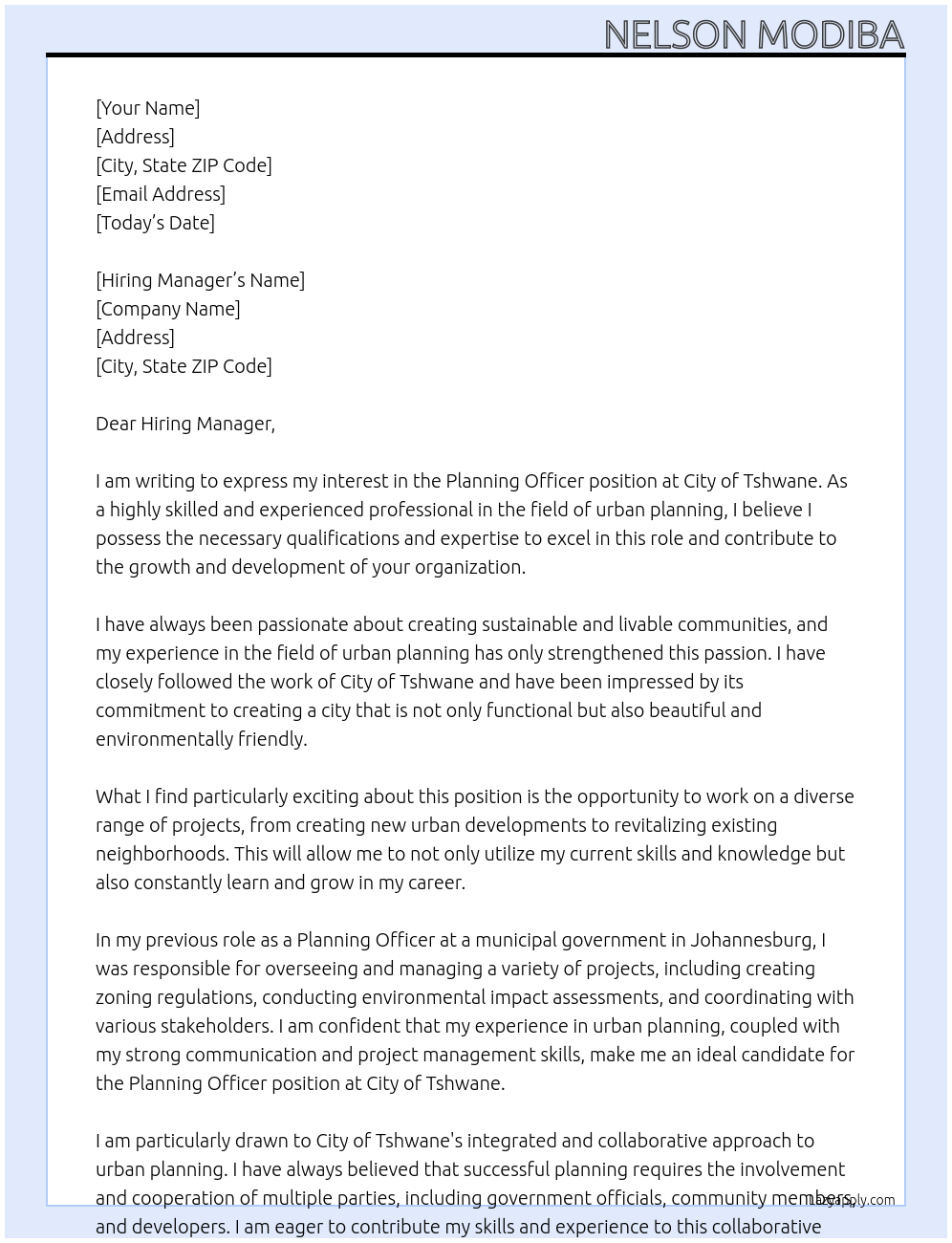 planning officer At City of Tshwane Cover Letter