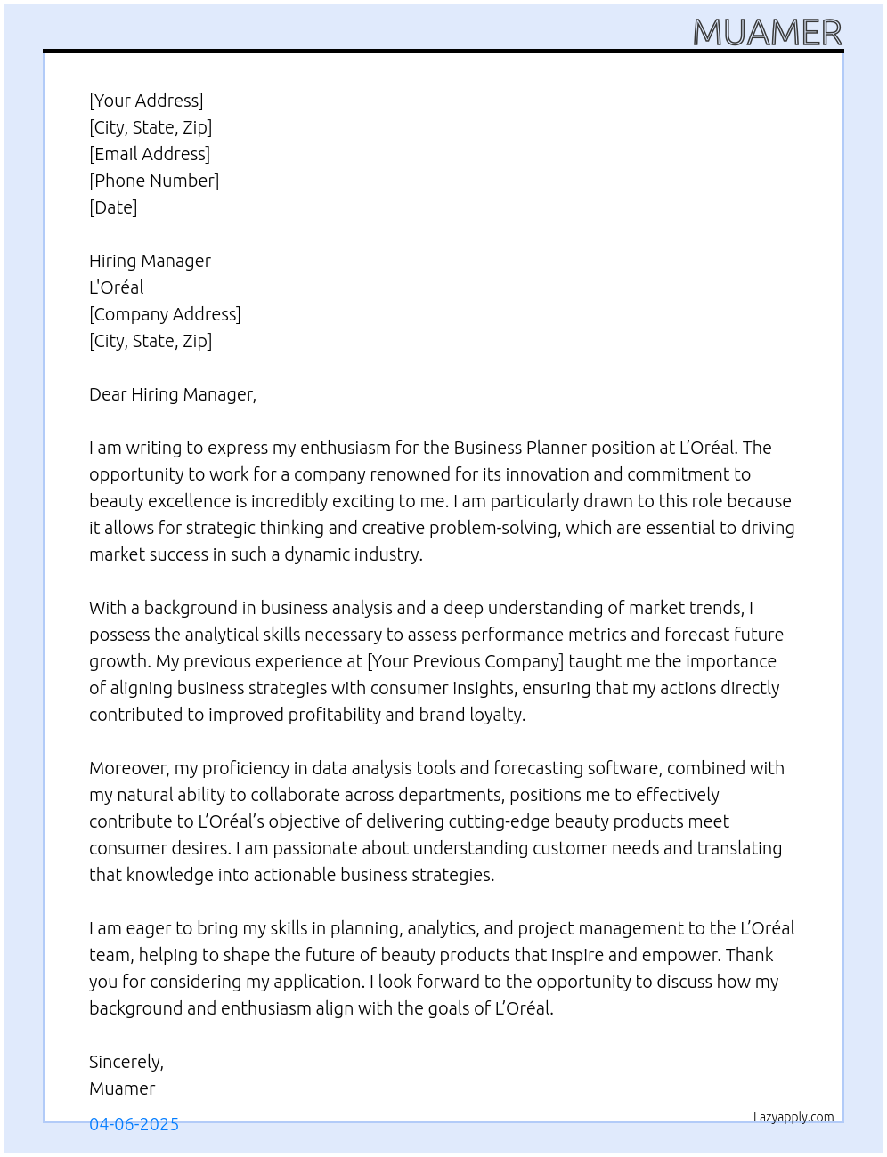 bussness planner At L'oréal Cover Letter