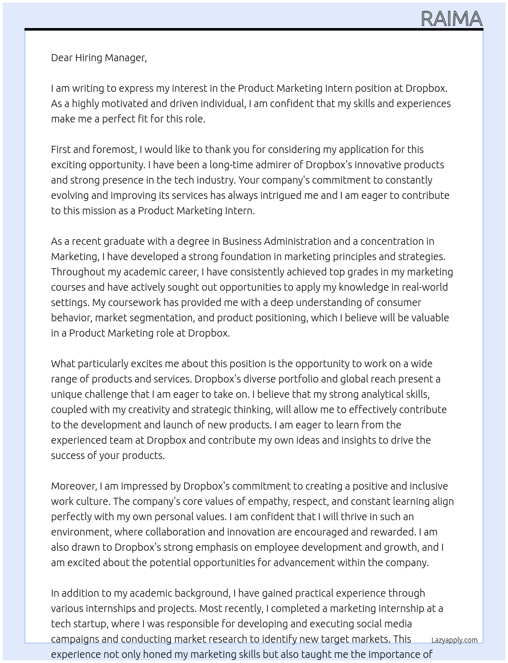 Product Marketing Intern At Dropbox Cover Letter